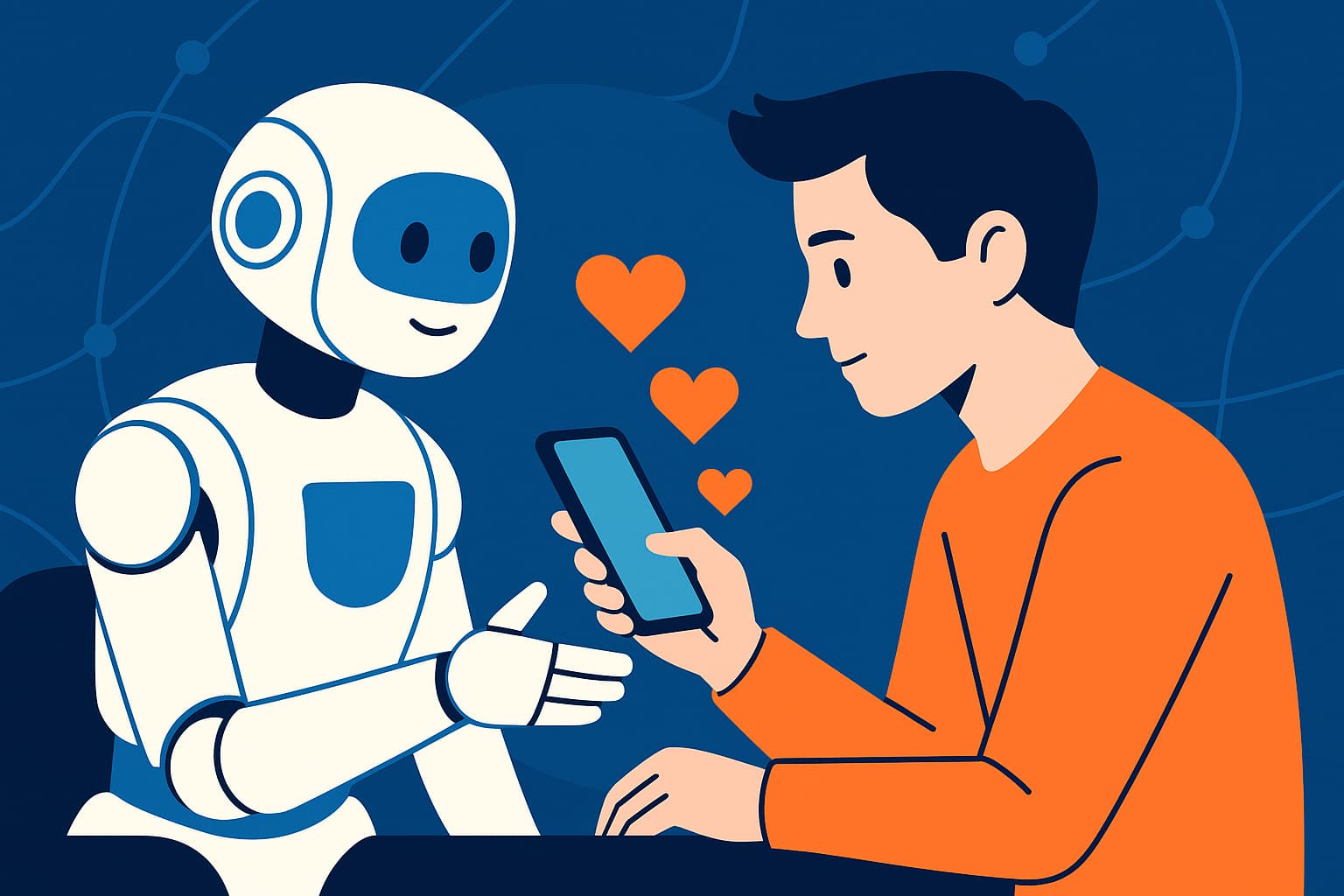 تعامل یک فرد جوان با همدم هوش مصنوعی روی گوشی و نمادهای قلب