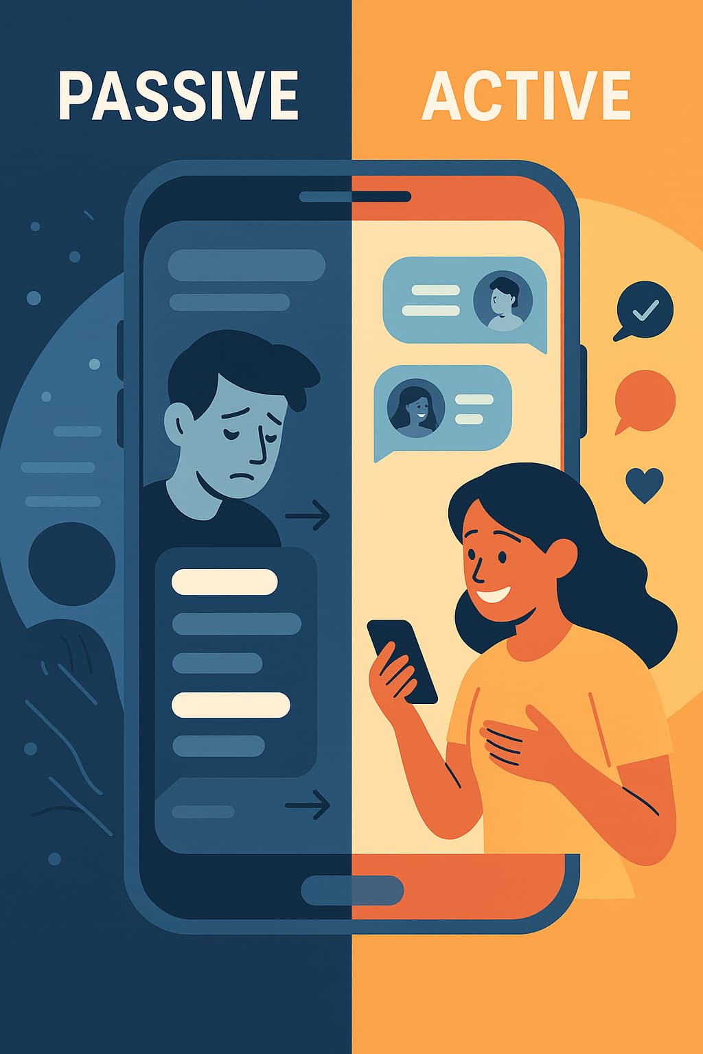 مقایسهٔ استفادهٔ منفعل و فعال از شبکه‌های اجتماعی در دو نیمهٔ یک تصویر