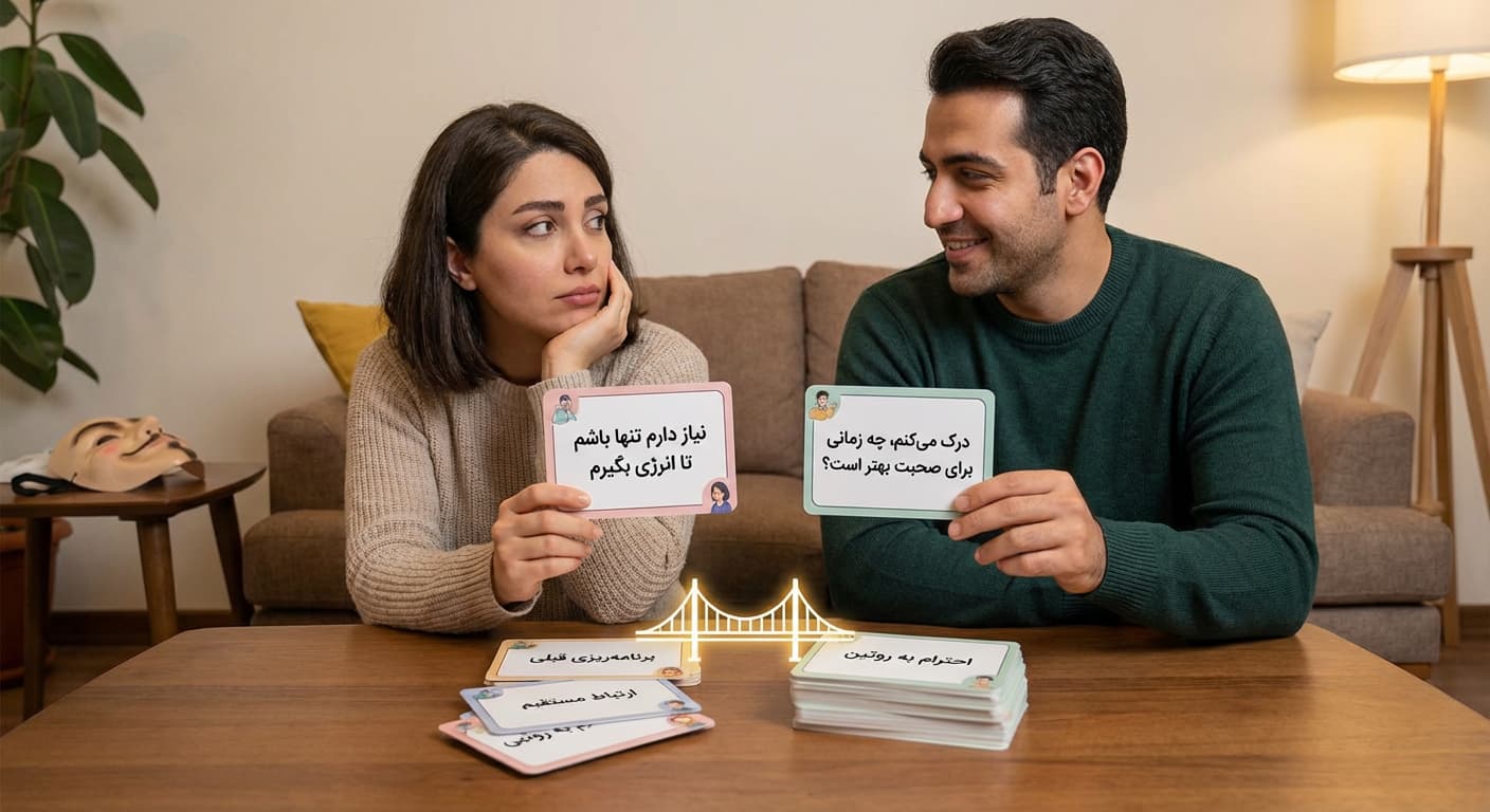 دو نفر در حال صحبت با استفاده از کارت‌های نوشتاری، نمادی از نیاز به ارتباط شفاف و مستقیم در روابط اوتیسم.