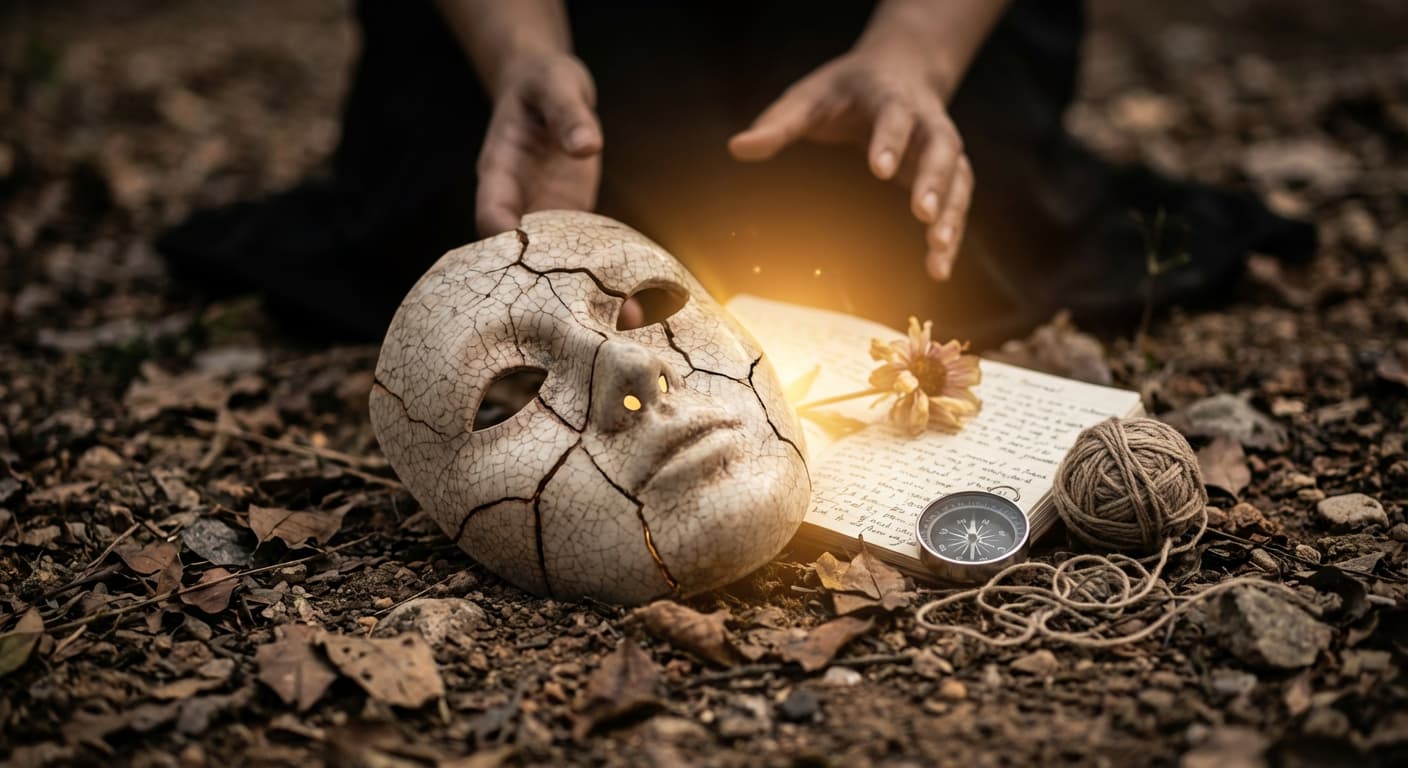 یک ماسک ترک خورده روی زمین، نمادی از فرسودگی ناشی از نقاب‌زدن و تلاش برای رسیدن به هویت واقعی.