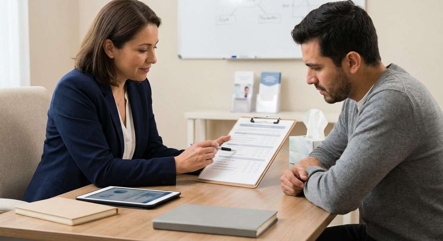 یک درمانگر و یک مراجع در حال بررسی یک برنامه درمانی روی کاغذ هستند که نشان‌دهنده همکاری و هدفمندی فرآیند درمان است.