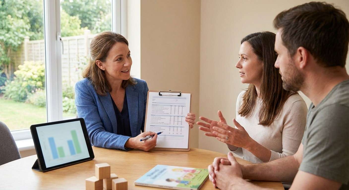 یک متخصص در فضایی آرام و حمایتی در حال مصاحبه با والدین برای جمع‌آوری تاریخچه رشد کودک.
