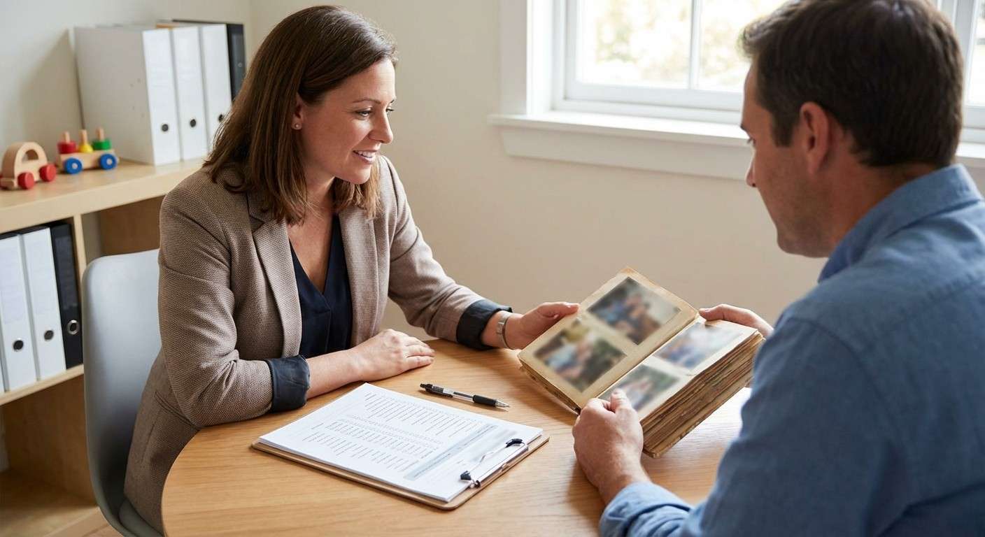 تصویری نمادین از تاریخچه رشد کودک که اهمیت خاطرات و گزارش‌های والدین در تشخیص را نشان می‌دهد.