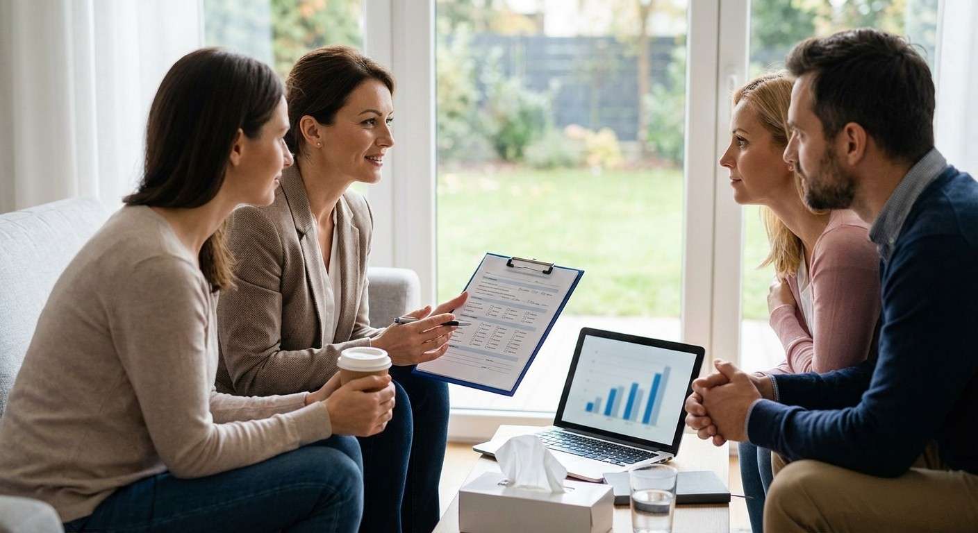 یک روانشناس متخصص در حال انجام مصاحبه تشخیصی ADI-R با والدین در یک محیط آرام و حمایتی برای ارزیابی اوتیسم.