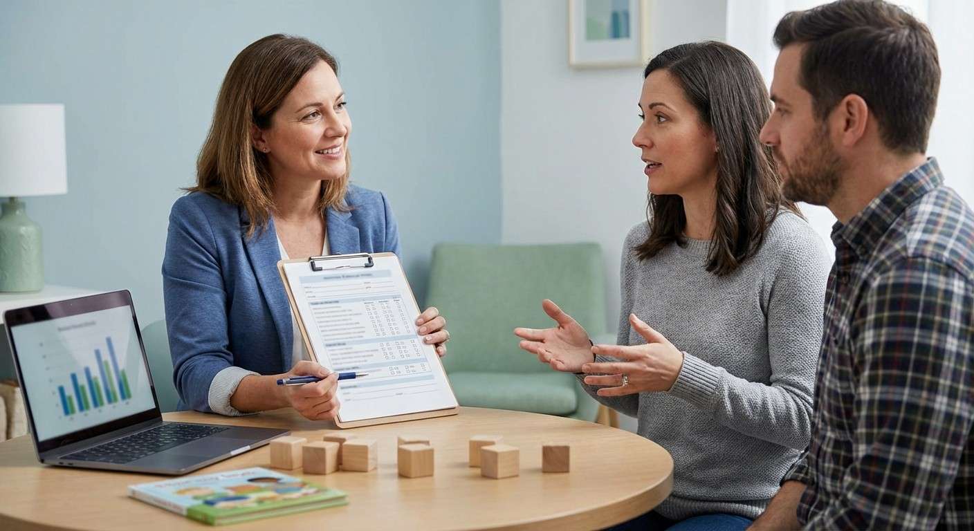 یک متخصص در حال مصاحبه همدلانه با والدین برای درک تاریخچه رشدی کودکشان جهت تشخیص اوتیسم با ابزار ADI-R.