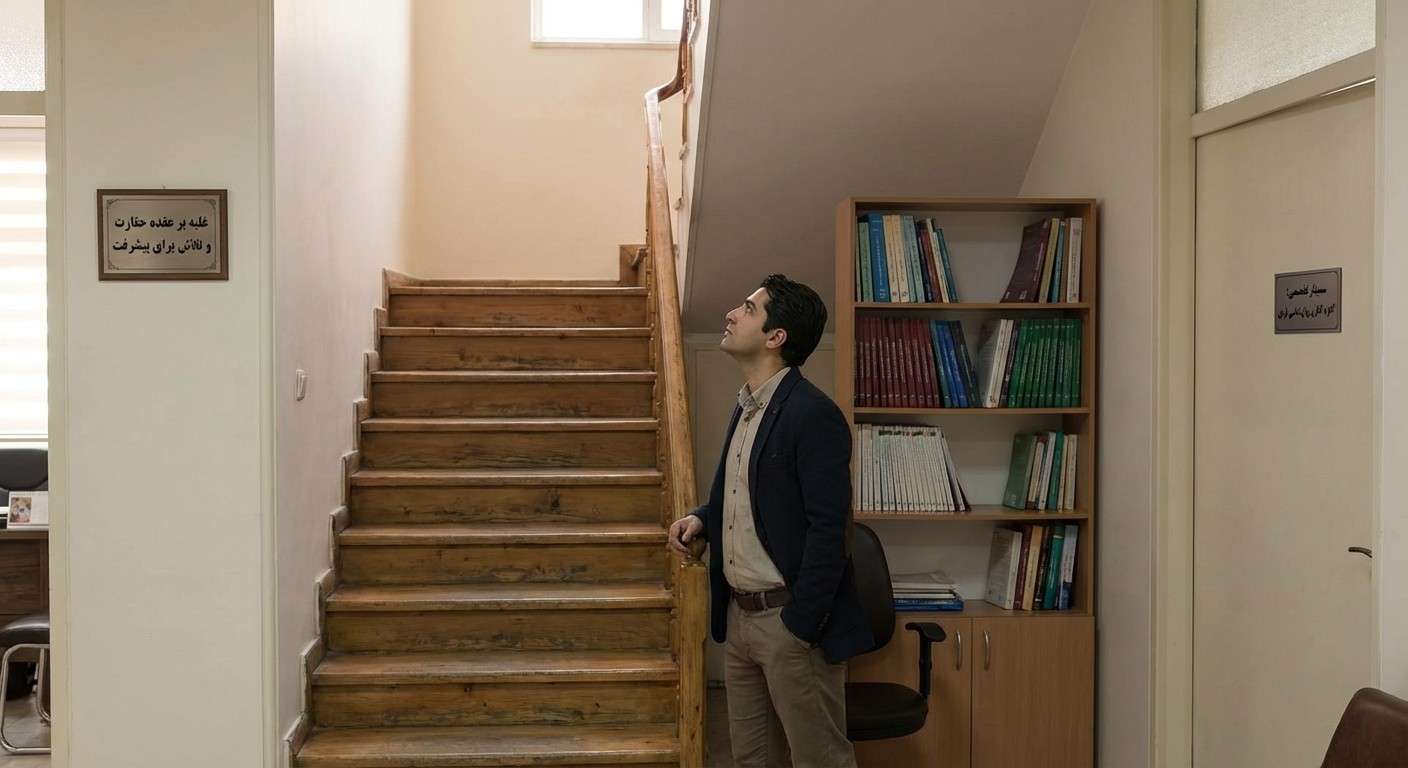 فردی که در پایین یک پله ایستاده و به بالای آن نگاه می‌کند، نمادی از غلبه بر عقده حقارت و تلاش برای پیشرفت.