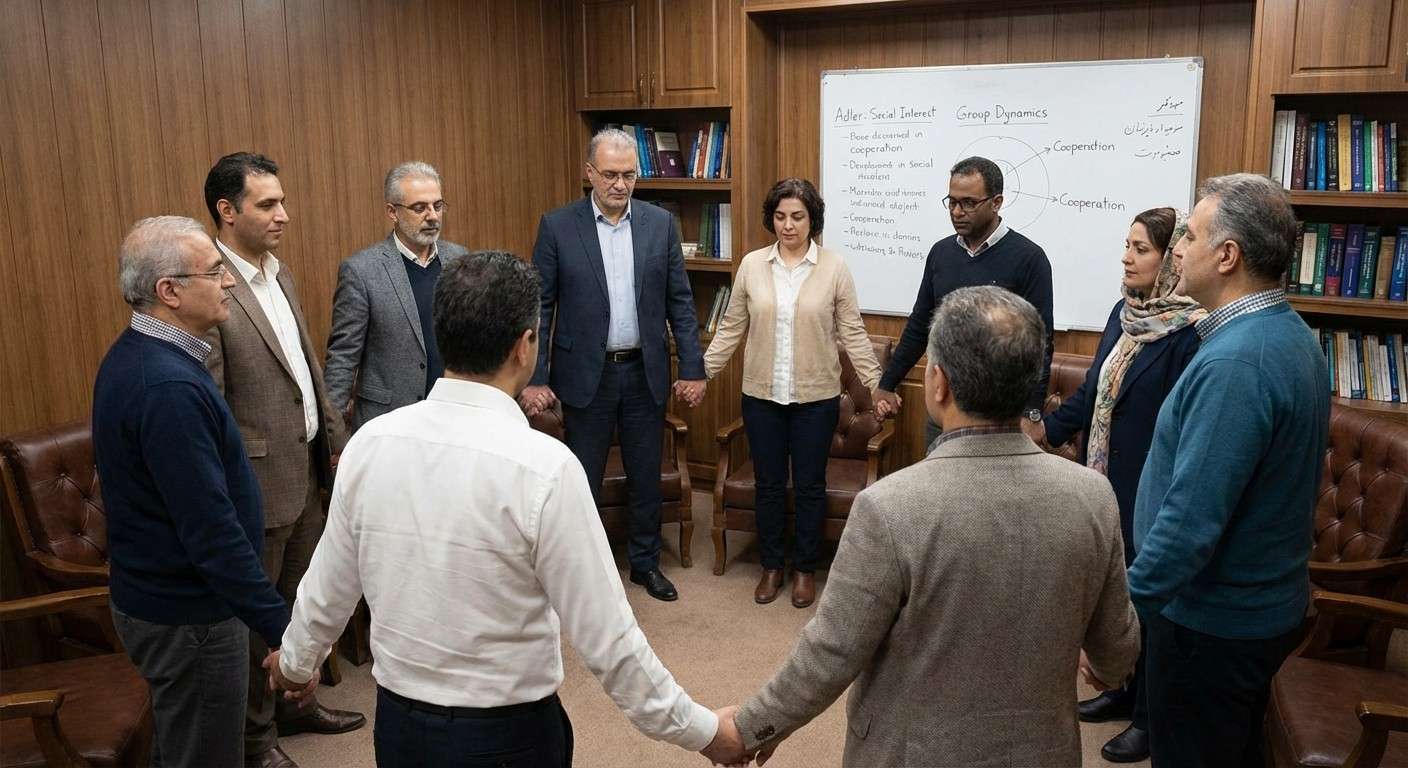 گروهی از افراد با سنین و نژادهای مختلف که دست در دست هم یک دایره را تشکیل داده‌اند و نماد همکاری و علاقه اجتماعی هستند.