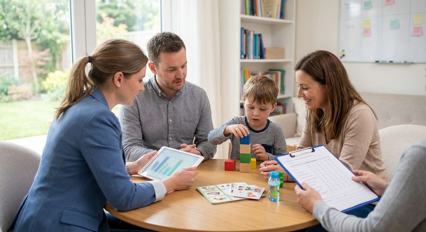 متخصص در حال تعامل با یک کودک در یک اتاق ارزیابی آرام برای تشخیص اوتیسم با ابزار ADOS-2.