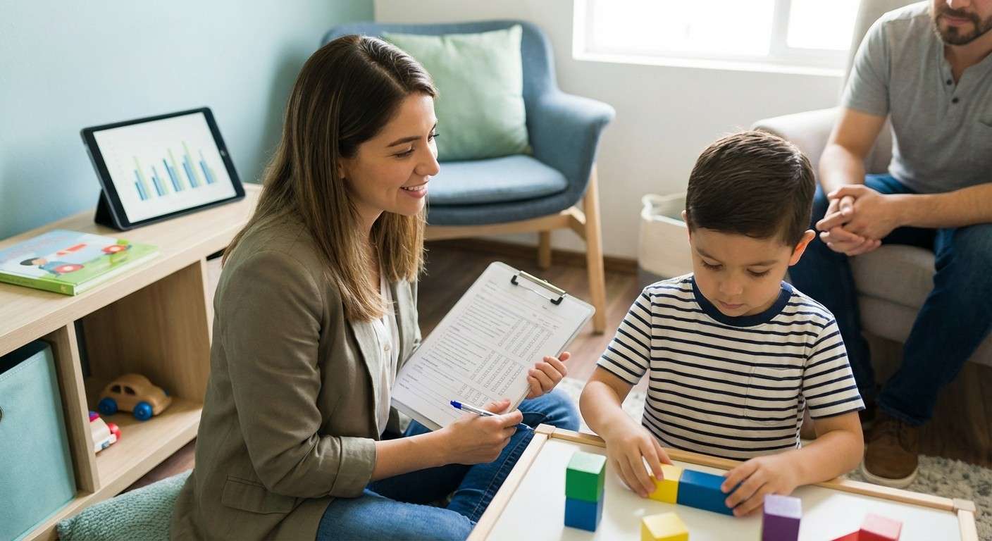 یک متخصص در حال اجرای یکی از ماژول‌های بازی‌محور ADOS-2 با یک کودک در یک اتاق ارزیابی.