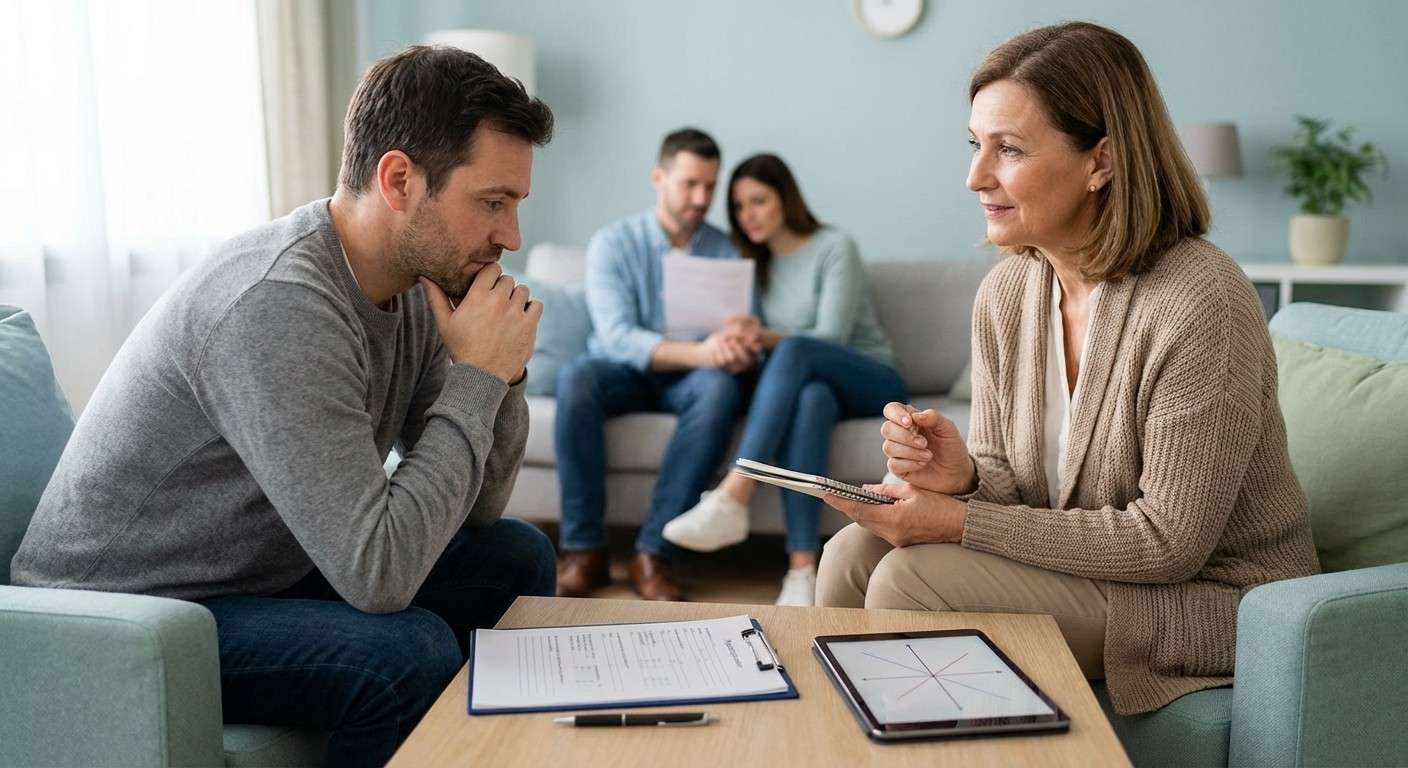 یک درمانگر و مراجع در حال گفتگوی عمیق در یک فضای امن و حمایتی.