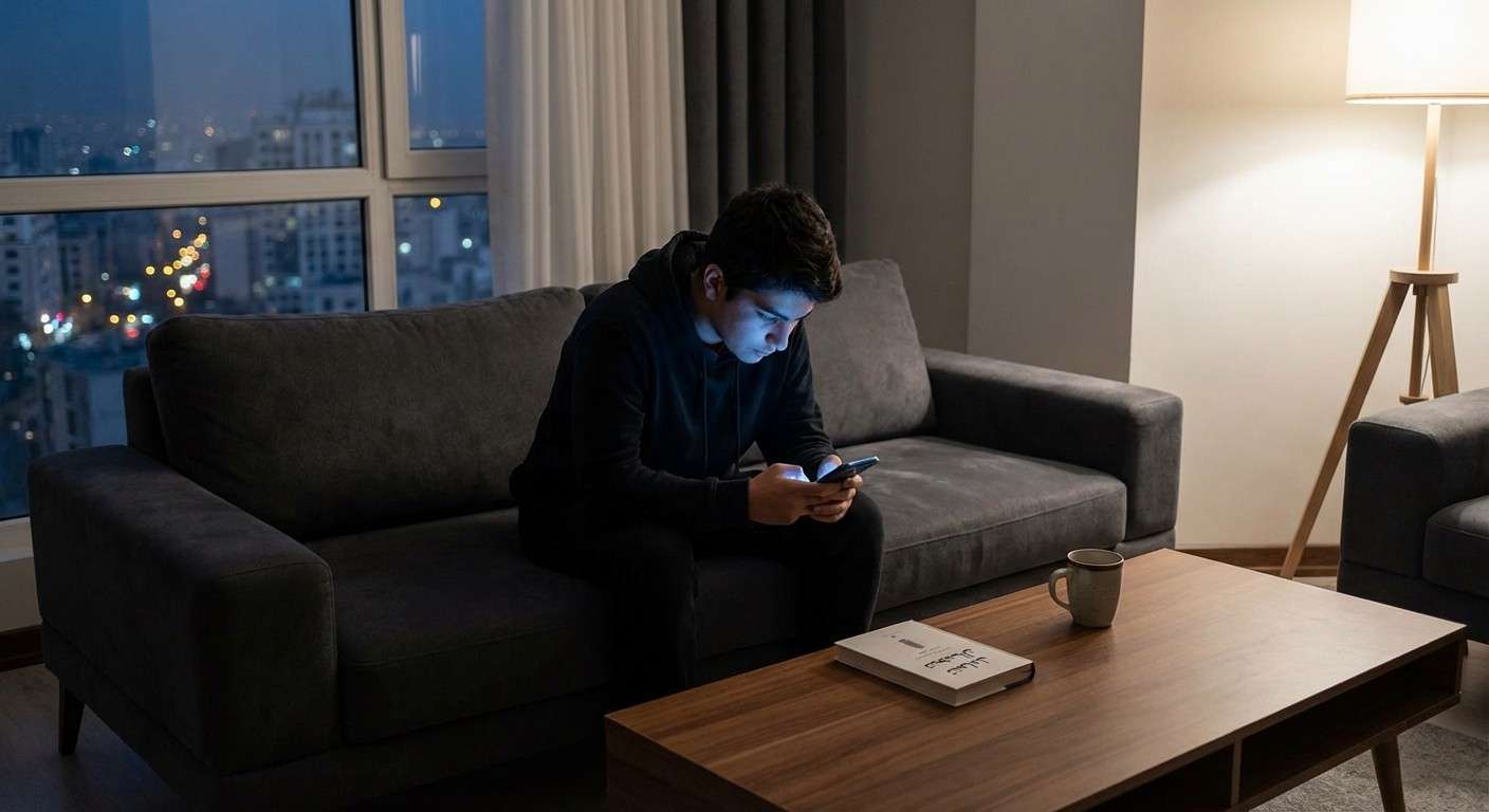 نوجوانی که در اتاق تاریک خود تنها نشسته و نور گوشی هوشمند چهره‌اش را روشن کرده است، نمادی از تنهایی دیجیتال.