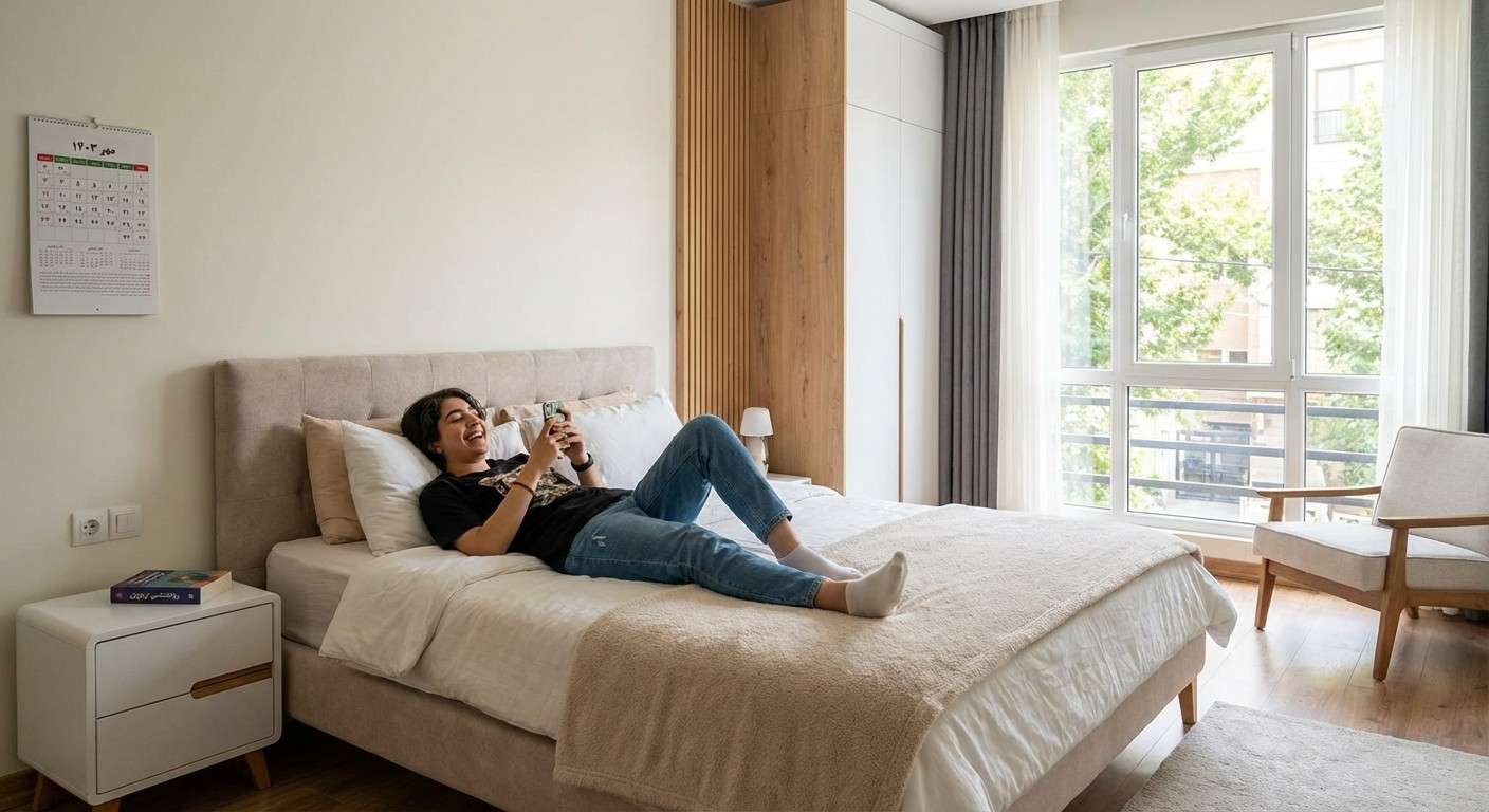 نوجوانی که روی تخت دراز کشیده و با لبخند با گوشی خود چت می‌کند.