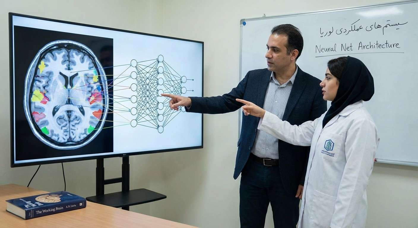 تصویری مفهومی از ارتباط بین مغز انسان و شبکه‌های عصبی هوش مصنوعی، الهام گرفته از ایده‌های الکساندر لوریا.