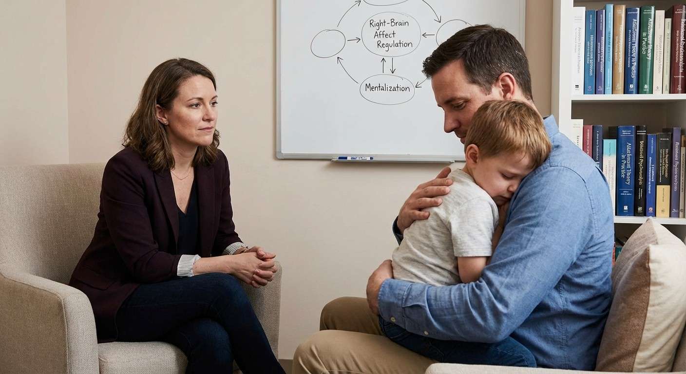 یک والد که با آرامش کودکی مضطرب را در آغوش گرفته و او را آرام می‌کند، نماد فرآیند هم‌تنظیمی هیجانی.