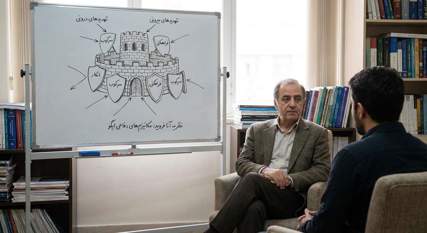 تصویری نمادین از یک قلعه ذهنی که توسط سپرهای مختلف (نماد مکانیزم‌های دفاعی) در برابر تهدیدهای درونی و بیرونی محافظت می‌شود، الهام گرفته از نظریه آنا فروید.