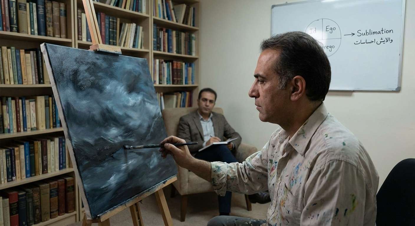 فردی که در حال نقاشی یک منظره طوفانی است، نمادی از والایش و تبدیل احساسات شدید به هنر.