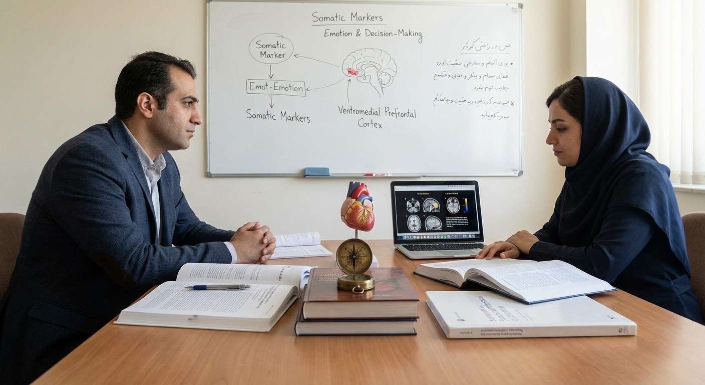 تصویری مفهومی از یک قطب‌نما که عقربه آن به سمت قلب یک انسان اشاره دارد، نماد هدایت تصمیم‌گیری توسط هیجانات و شهود بدنی.