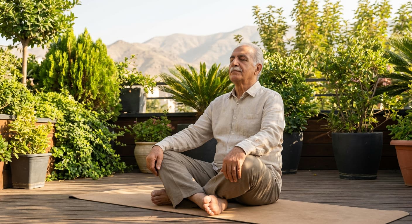 یک سالمند با چهره‌ای آرام در حال تمرین تنفس عمیق در یک محیط طبیعی و روشن.