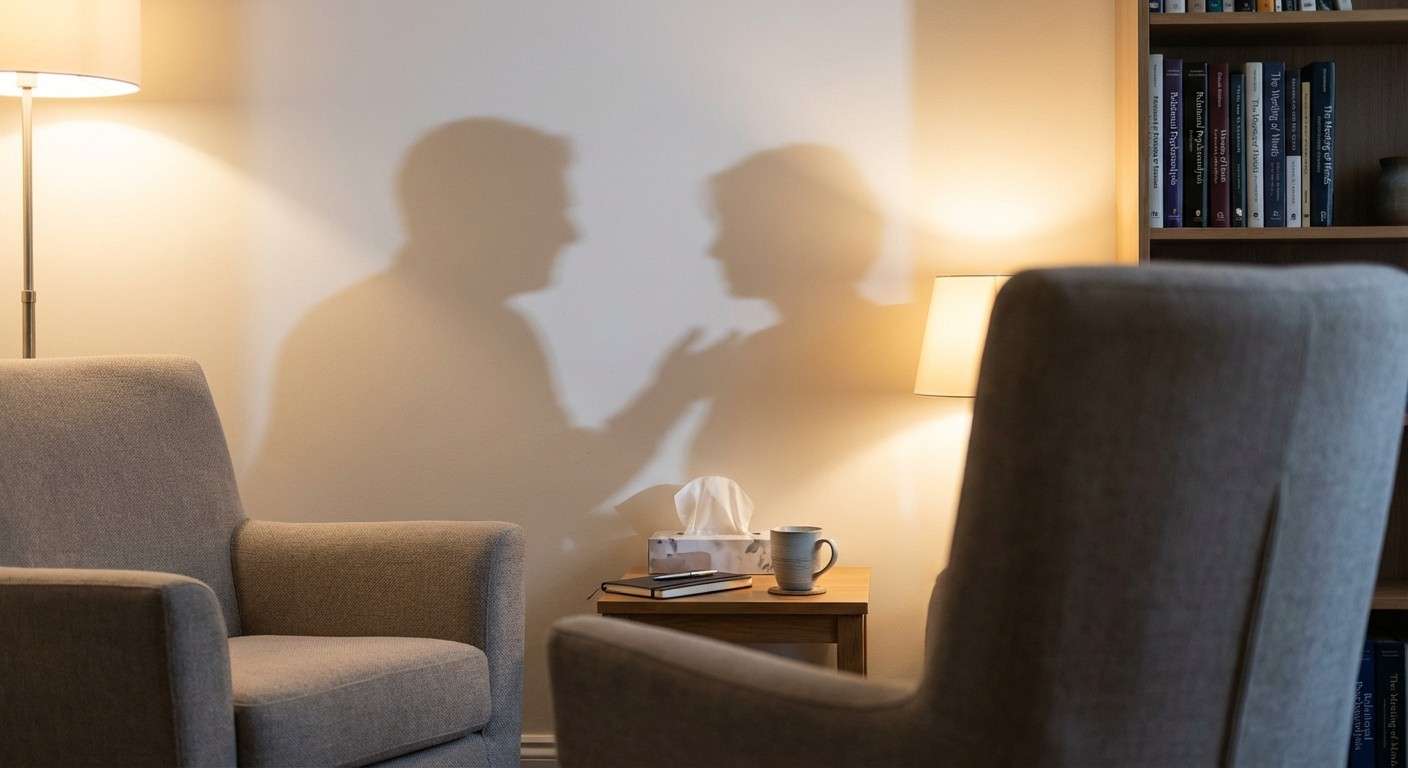 تصویری از دو صندلی در اتاق درمان که سایه‌های درمانگر و مراجع روی دیوار افتاده، نماد روان‌شناسی دونفره لوئیس آرون.