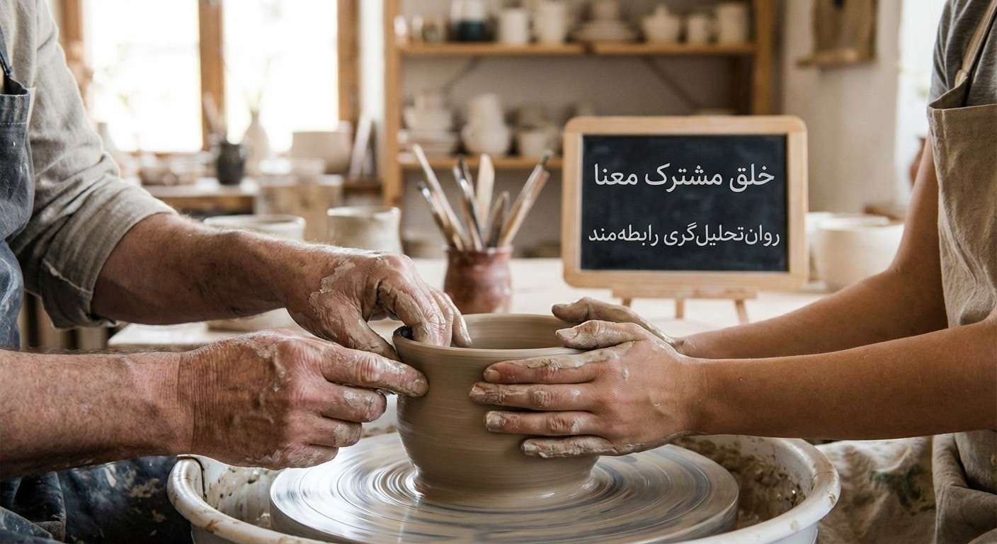 دو دست که با هم یک قطعه سفال را روی چرخ سفالگری شکل می‌دهند، نماد خلق مشترک معنا در درمان.