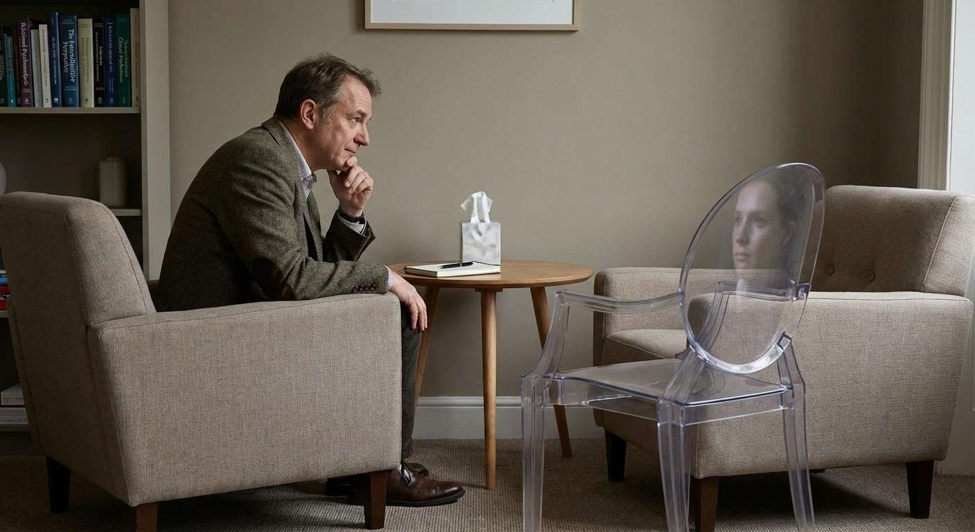 تصویر مفهومی از دو صندلی روبروی هم که یکی از آنها شفاف است و چهره یک انسان در آن دیده می‌شود، نماد پایان افسانه درمانگر خنثی.