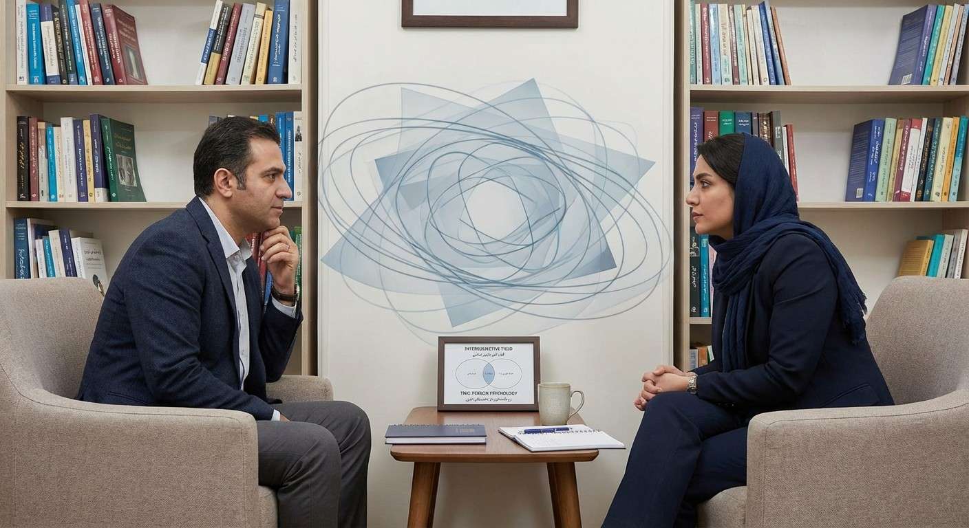 دو چهره نیمرخ که در حال گفتگو هستند و فضای بین آنها با خطوط و اشکال انتزاعی پر شده، نماد فرآیند مشترک در روان‌شناسی دونفره.