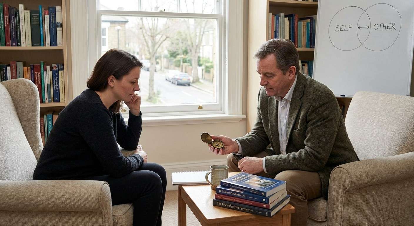 یک قطب‌نما در دست یک فرد که جهت را نشان می‌دهد، نماد استفاده از واکنش‌های درونی درمانگر به عنوان راهنمایی برای درک دنیای مراجع.