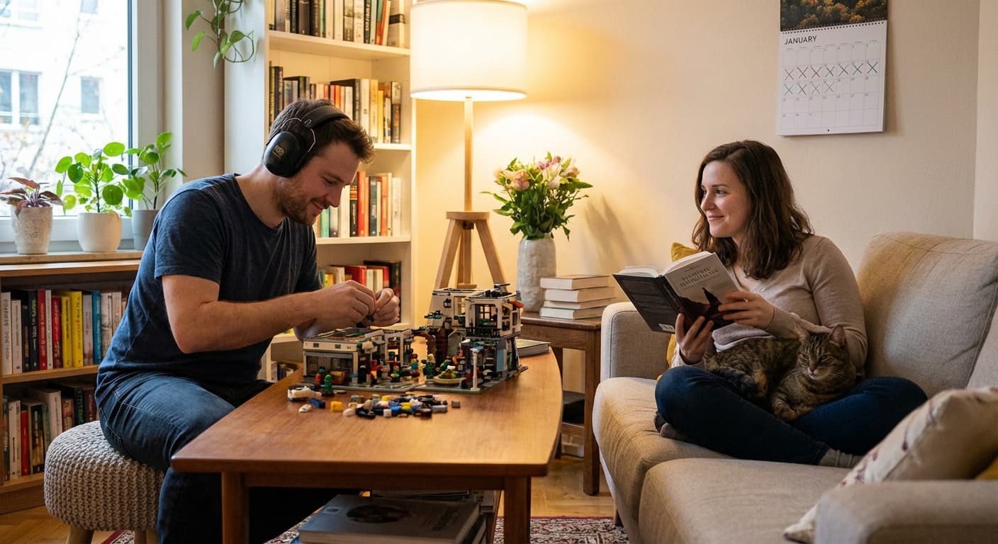 دو نفر در سکوت کنار هم نشسته‌اند و هر کدام به فعالیت مورد علاقه خود مشغولند، اما از حضور یکدیگر لذت می‌برند.