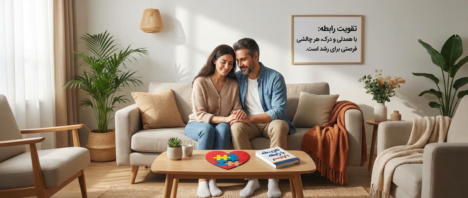 یک زوج در فضایی آرام و حمایتی در کنار یکدیگر نشسته‌اند و نمادی از تقویت رابطه با وجود چالش‌های اوتیسم هستند.