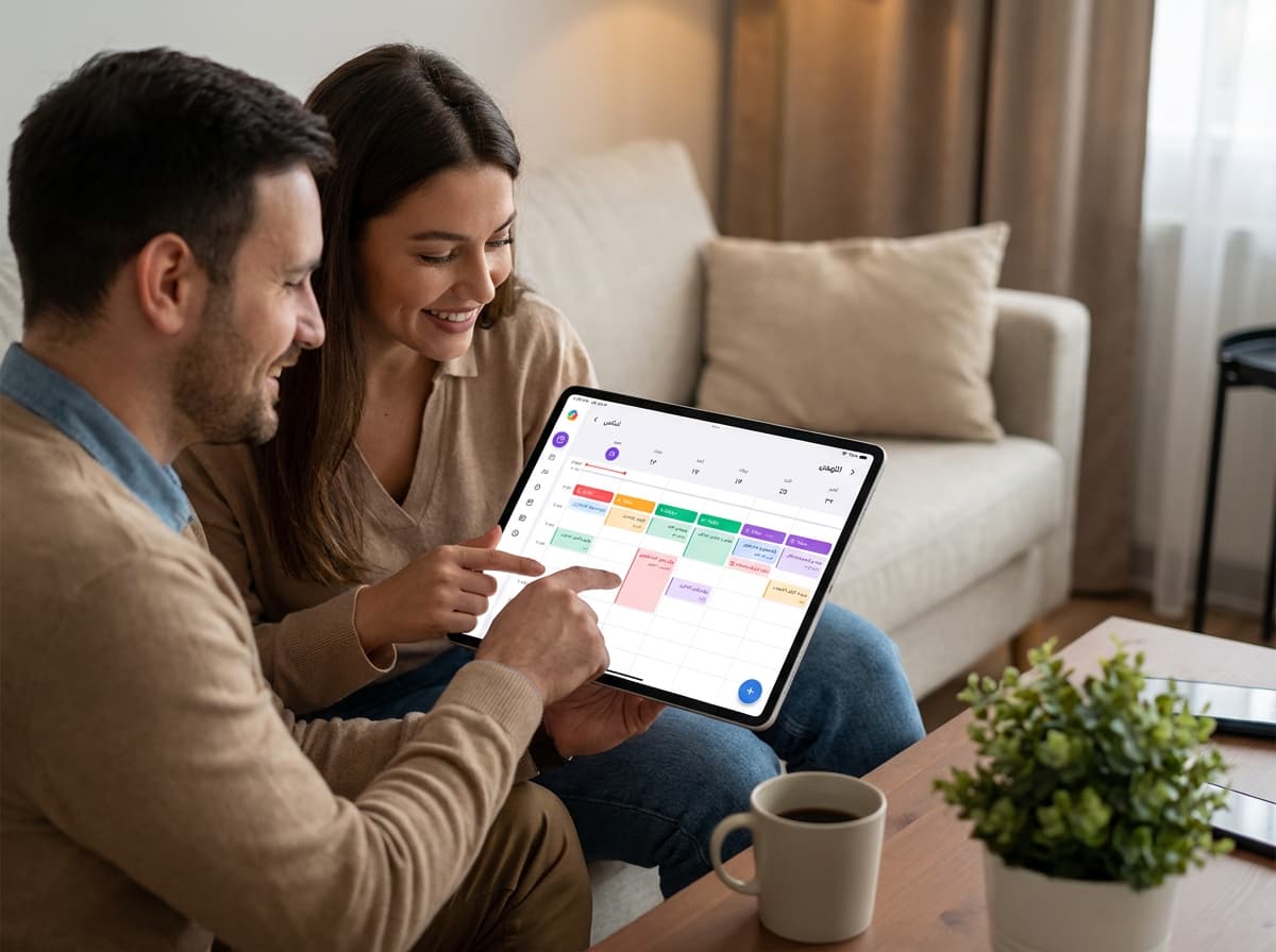 دو نفر در حال استفاده از یک اپلیکیشن برنامه‌ریزی مشترک روی تبلت برای هماهنگ کردن کارهای روزانه.