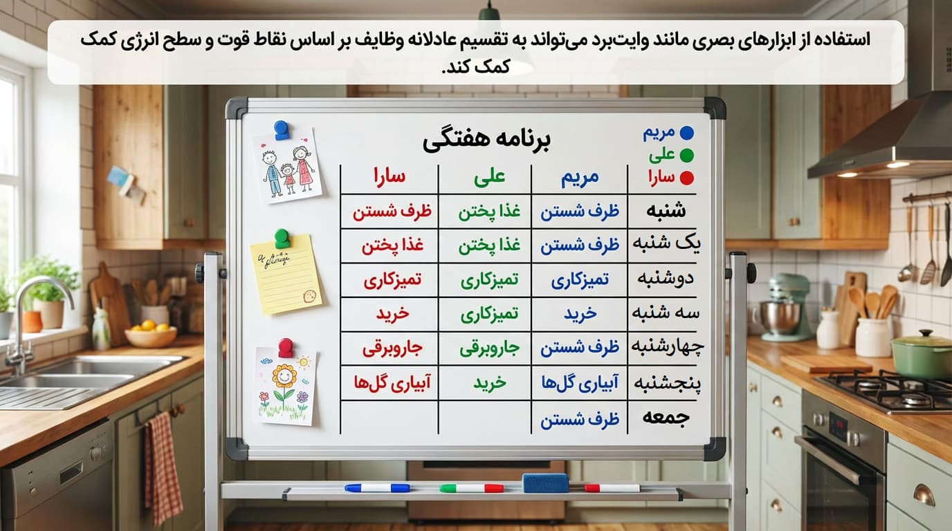 یک وایت‌برد در آشپزخانه که وظایف هفتگی خانه روی آن با رنگ‌های مختلف مشخص شده است.