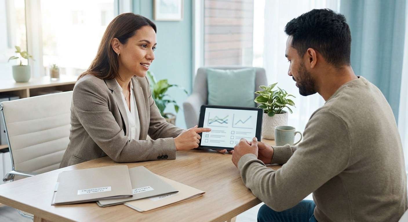 یک روانشناس در حال گفتگوی همدلانه با مراجع خود و بررسی نتایج یک ارزیابی.