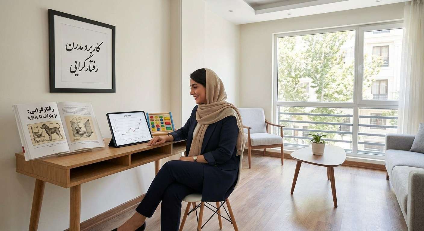 تصویر مفهومی رفتارگرایی که انتقال از آزمایش‌های پاولف با سگ به جعبه اسکینر و کاربردهای مدرن ABA را نشان می‌دهد.