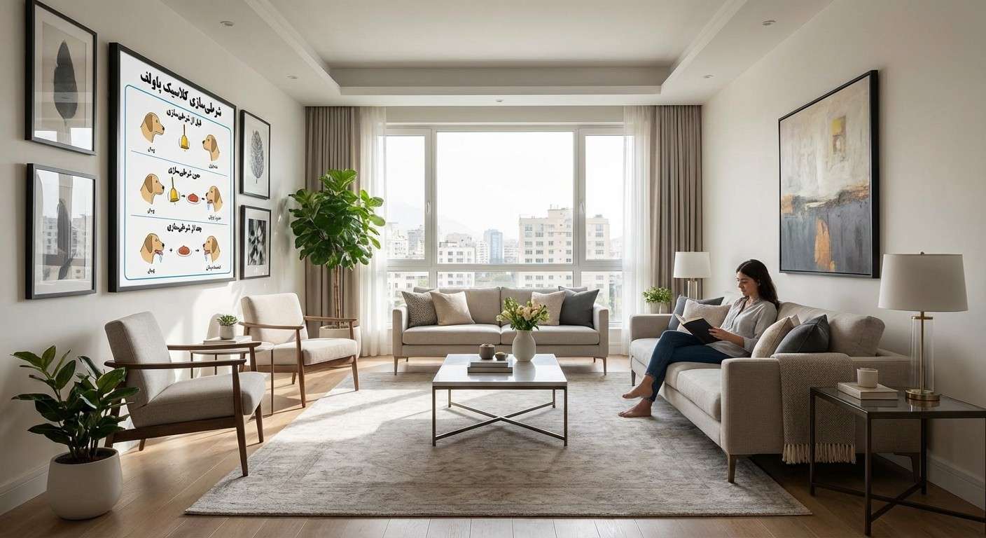 نمودار شرطی‌سازی کلاسیک پاولف که مراحل قبل، حین و بعد از شرطی‌سازی سگ با زنگ و غذا را نشان می‌دهد.