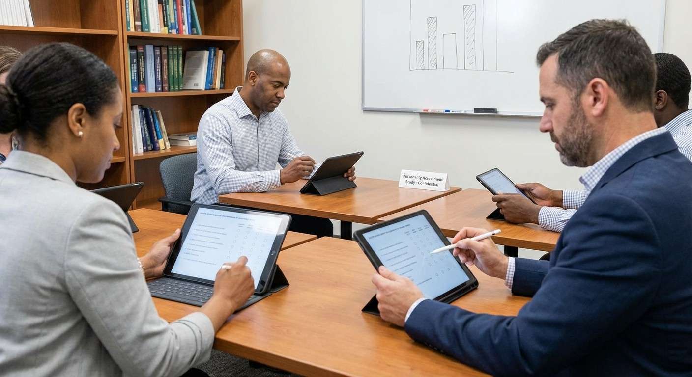 گروهی از افراد در یک محیط پژوهشی در حال پر کردن پرسشنامه روی تبلت‌های خود هستند.