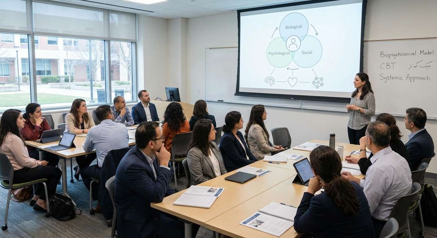 نمایی مفهومی از مدل زیستی-روانی-اجتماعی که در آن مغز، قلب و شبکه اجتماعی انسان به هم متصل هستند.