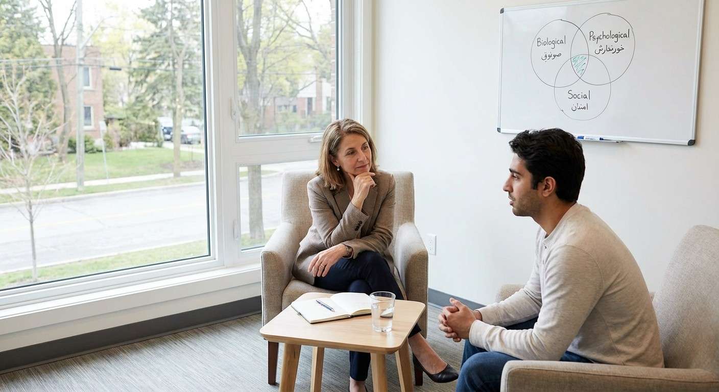 تصویری از یک جلسه مشاوره که در آن درمانگر با دقت به صحبت‌های مراجع گوش می‌دهد و همدلی نشان می‌دهد.