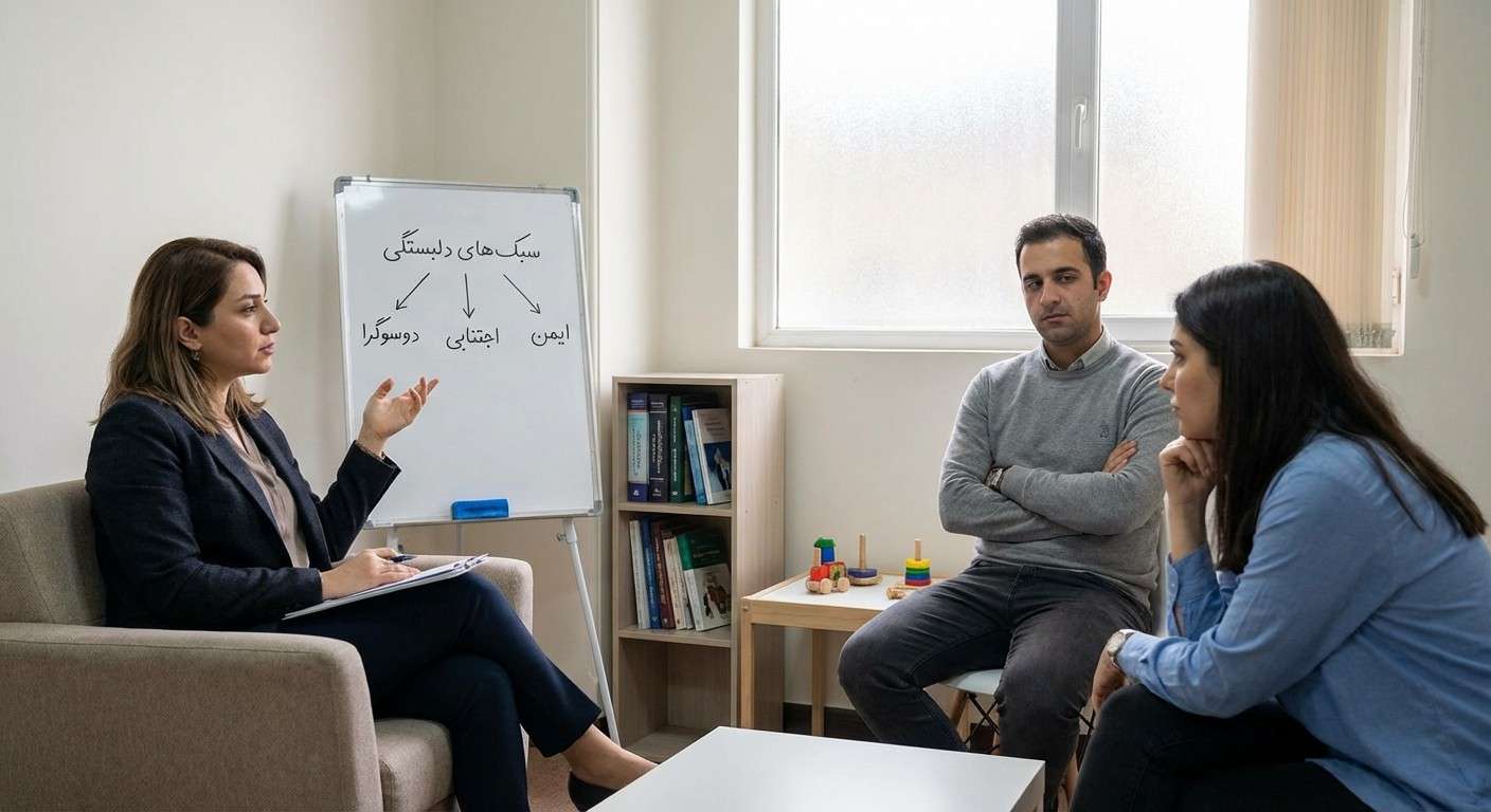 نمایی نمادین از سبک‌های مختلف دلبستگی؛ فردی با اطمینان به دیگری نزدیک می‌شود در حالی که فرد دیگری با تردید فاصله می‌گیرد.