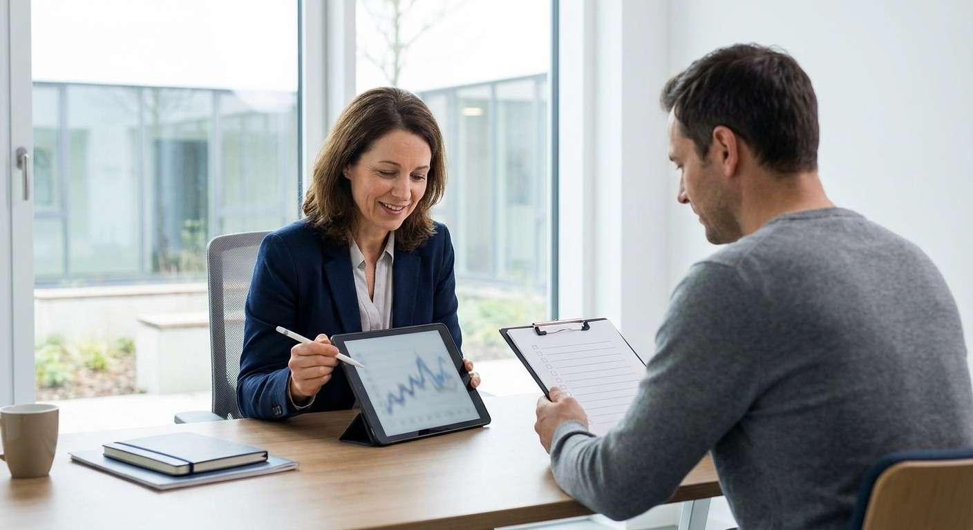 یک متخصص در محیط بیمارستان در حال بررسی نمودار پیشرفت یک بیمار بر روی تبلت است.