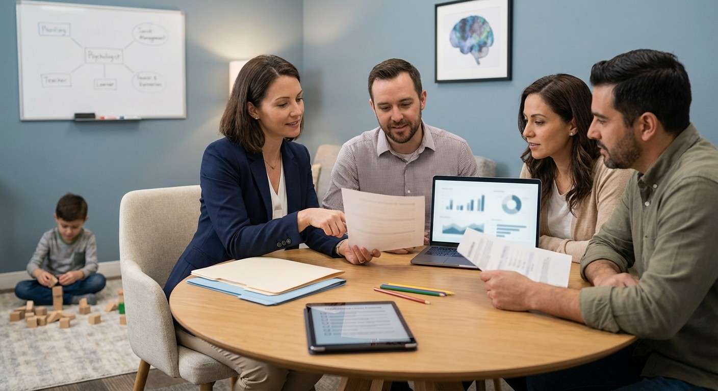 تصویری از همکاری یک روانشناس، یک معلم و والدین که در حال بررسی گزارش‌ها برای کمک به یک کودک هستند.