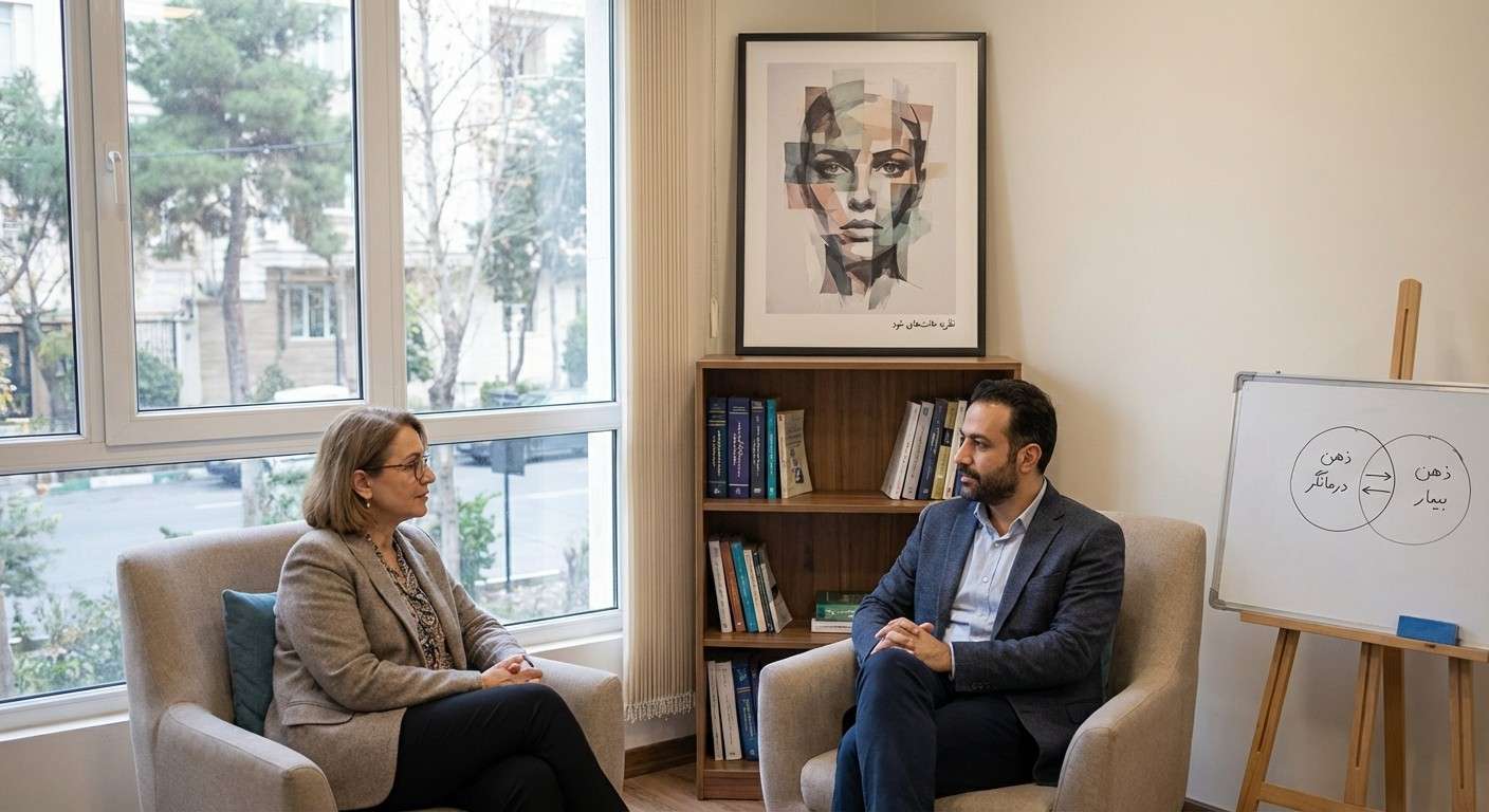 تصویری هنری از چهره‌ای که از بخش‌های مختلف و رنگارنگ تشکیل شده، نمادی از نظریه حالت‌های خود فیلیپ برومبرگ.