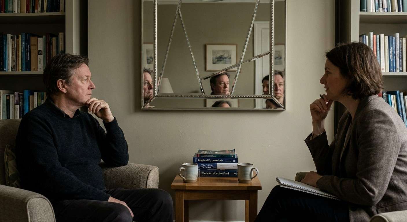 فردی که با آرامش به چندین انعکاس متفاوت از خود در آینه‌های شکسته نگاه می‌کند.