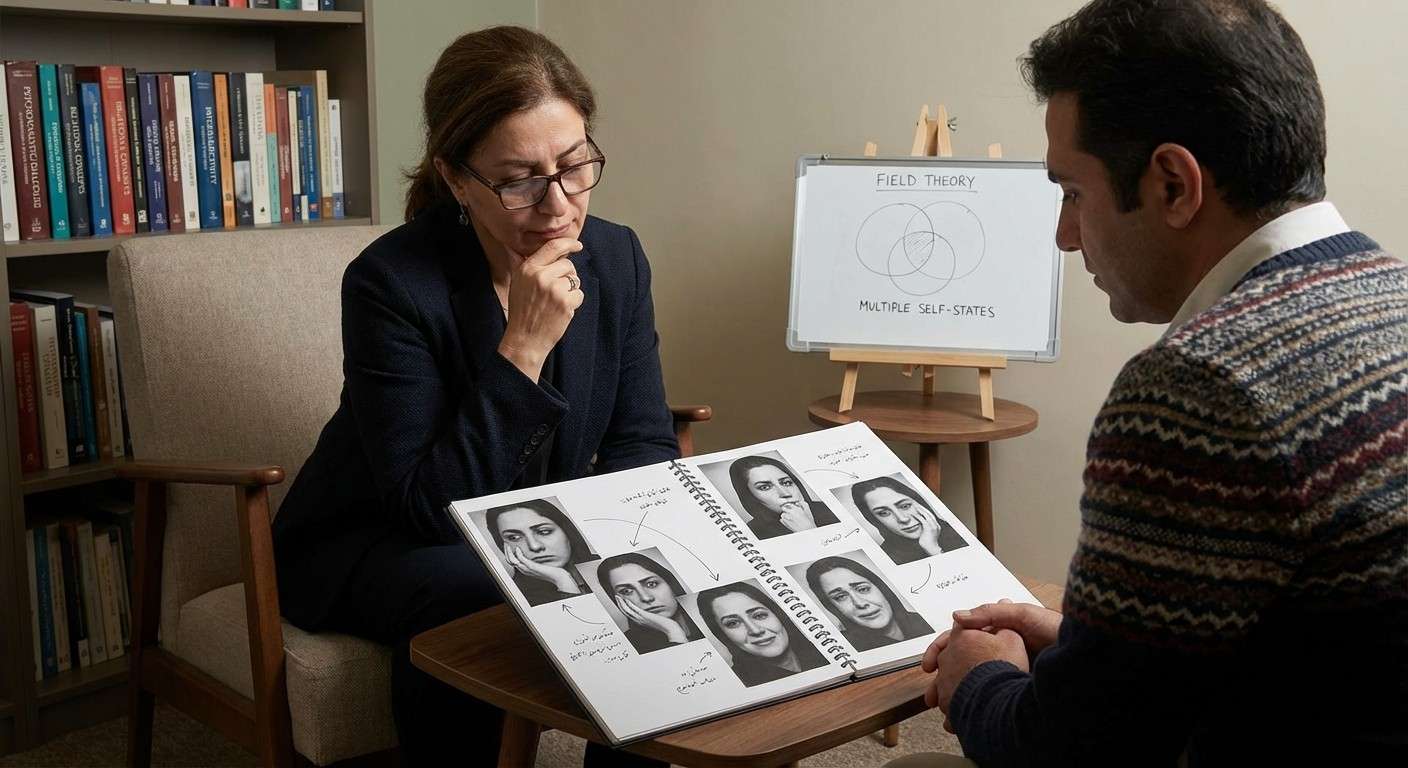 کلاژی از چهره‌های مختلف یک فرد که هر کدام بیانگر یک احساس یا حالت متفاوت هستند؛ نماد خودهای چندگانه.