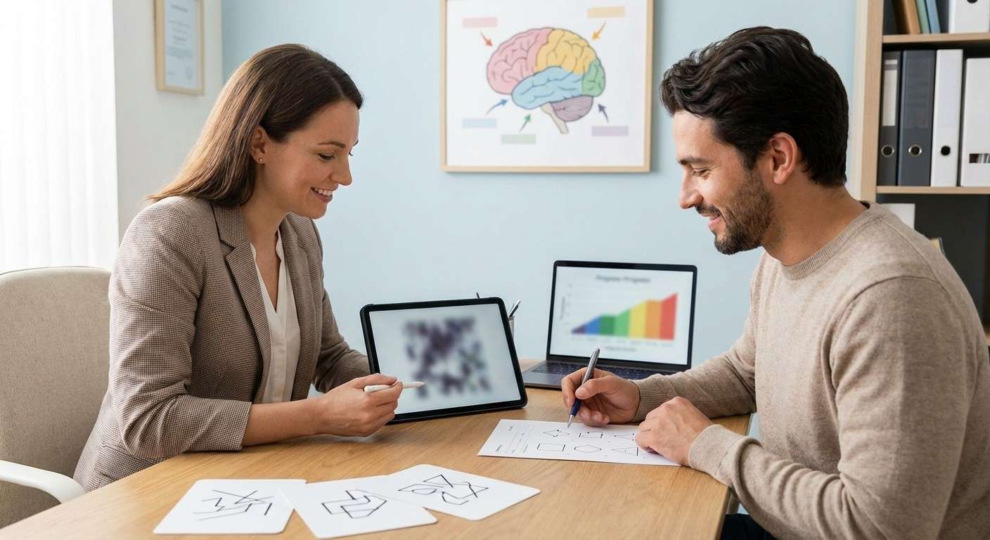 تصویر مفهومی آزمون BVRT که فرآیند سنجش دقت حافظه دیداری و تحلیل خطاهای بصری-فضایی را نشان می‌دهد.