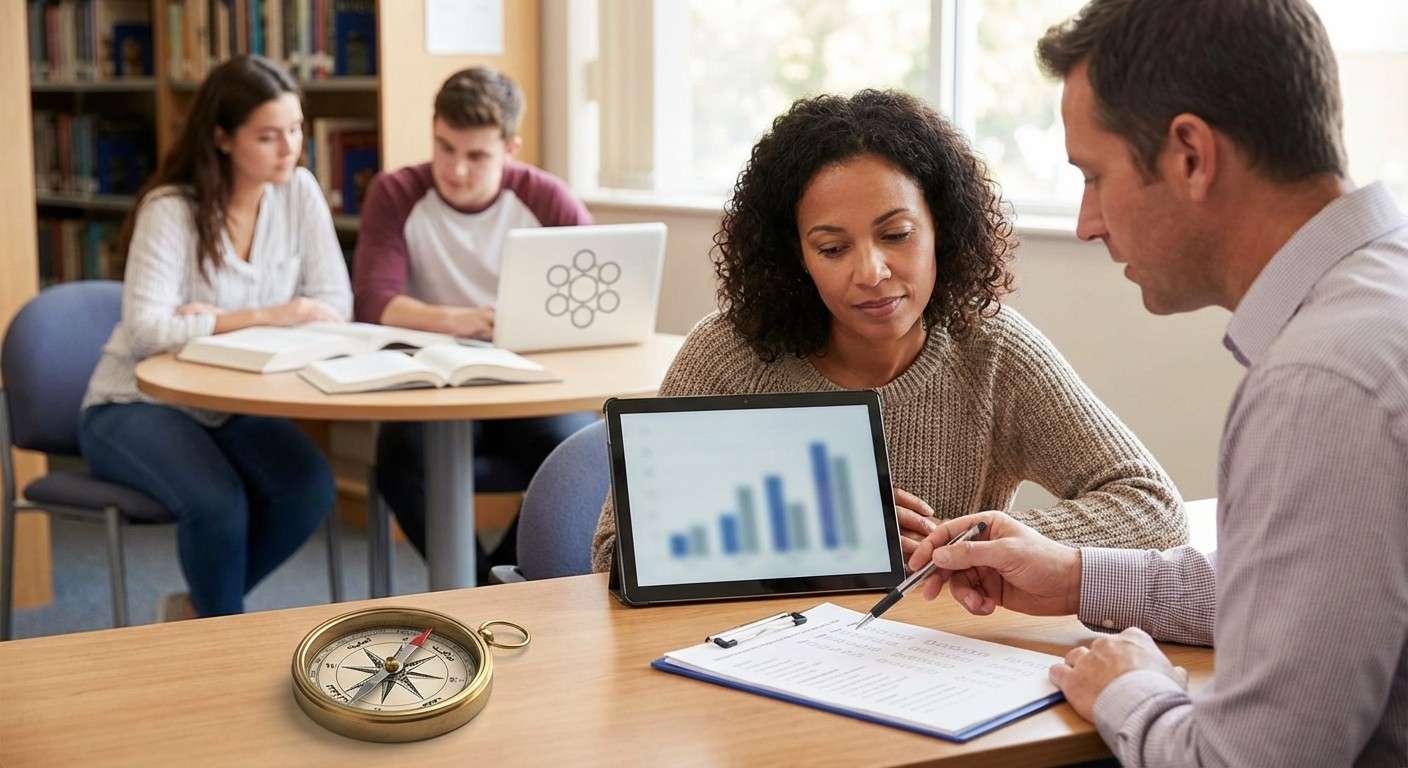 یک قطب‌نما که به جای جهت‌های جغرافیایی، ارزش‌های شغلی مختلف مانند امنیت، خلاقیت و استقلال را نشان می‌دهد.