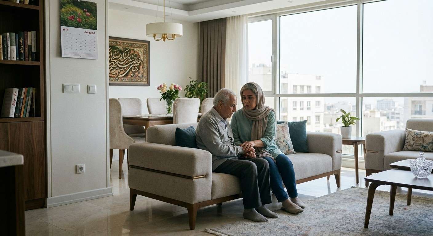 مراقب خسته و مضطربی که با مهربانی دست سالمندی را گرفته است، نمادی از عشق و فرسودگی همزمان.