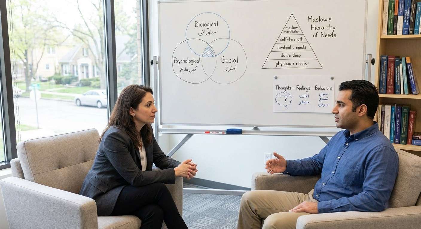 دو نفر روبروی هم نشسته‌اند و یکی با دقت و تمرکز کامل به صحبت‌های دیگری گوش می‌دهد.