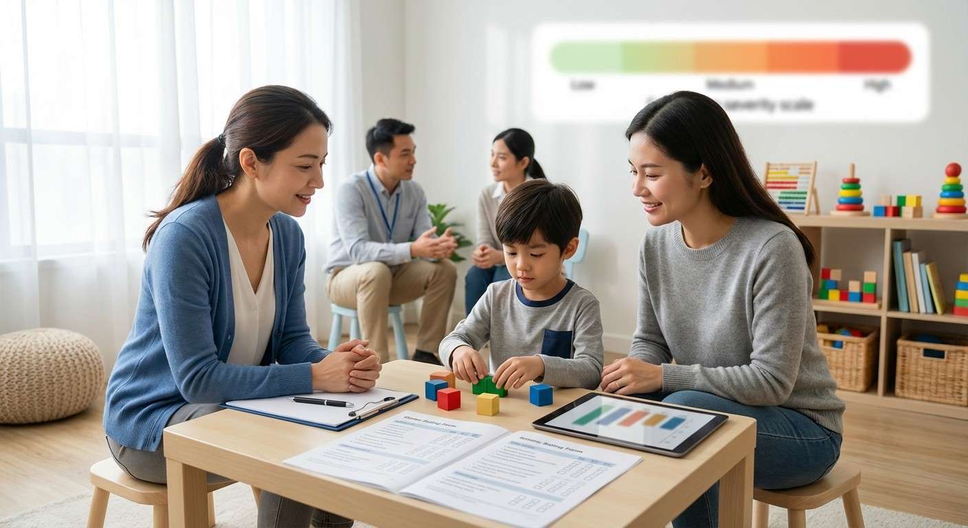 نموداری مفهومی که مقیاس درجه‌بندی شدت علائم اوتیسم در CARS-2 را از خفیف تا شدید نشان می‌دهد.