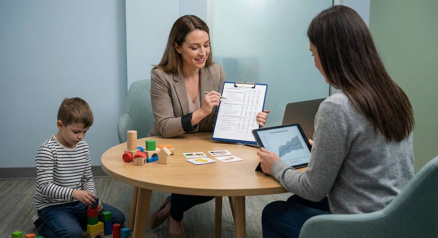 متخصص در حال بررسی یک پروفایل رفتاری کودک برای درجه‌بندی شدت اوتیسم با مقیاس CARS-2.