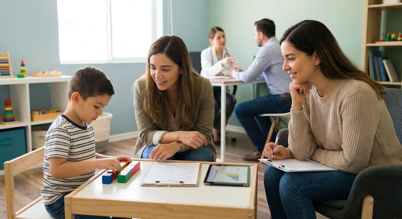 یک درمانگر در حال کار با یک کودک بر روی یک برنامه آموزشی فردی‌سازی‌شده با استفاده از ابزارهای تصویری.